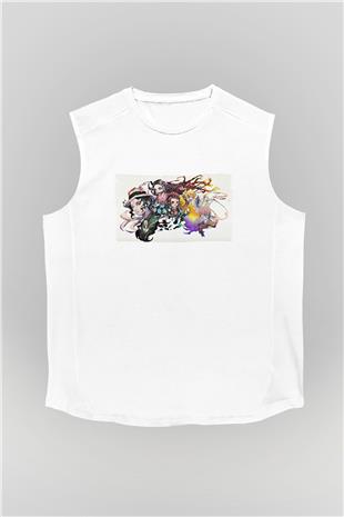 Demon Slayer Baskılı Beyaz Unisex Kolsuz Tişört - Tshirt