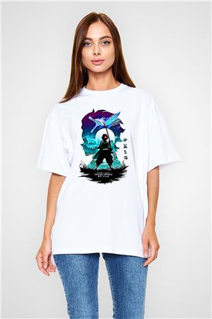 Demon Slayer Baskılı Beyaz Unisex Oversize Tişört - Tshirt