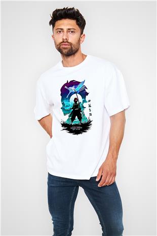 Demon Slayer Baskılı Beyaz Unisex Oversize Tişört - Tshirt