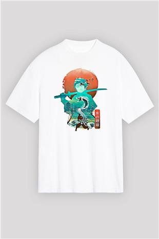 Demon Slayer Baskılı Beyaz Unisex Oversize Tişört - Tshirt
