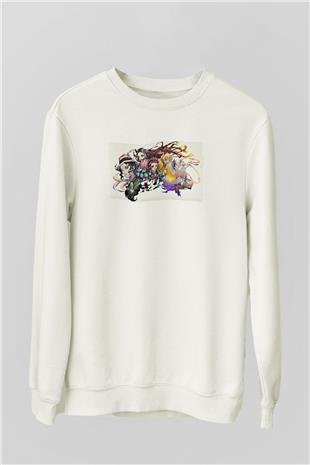 Demon Slayer Baskılı Beyaz Unisex Sweatshirt