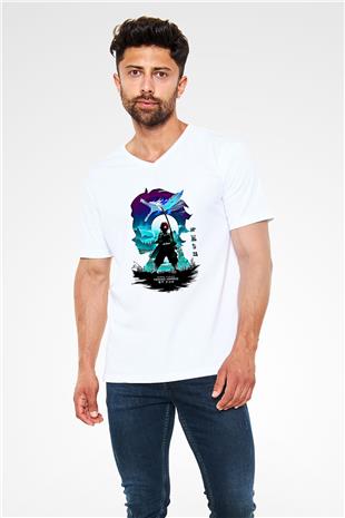 Demon Slayer Baskılı Beyaz Unisex V Yaka Tişört - Tshirt