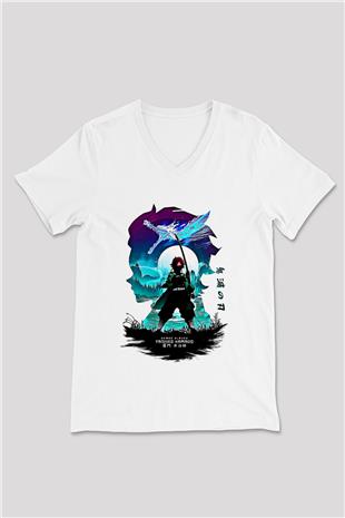 Demon Slayer Baskılı Beyaz Unisex V Yaka Tişört - Tshirt