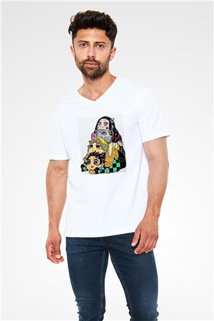 Demon Slayer Baskılı Beyaz Unisex V Yaka Tişört - Tshirt