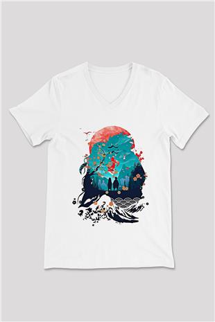 Demon Slayer Baskılı Beyaz Unisex V Yaka Tişört - Tshirt