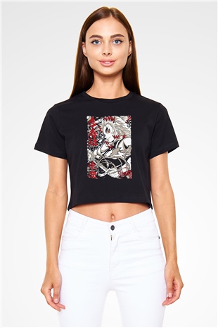 Demon Slayer Baskılı Siyah Crop Top Kadın Tişört - Tshirt