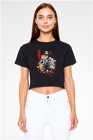 Demon Slayer Baskılı Siyah Crop Top Kadın Tişört - Tshirt