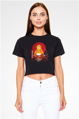 Demon Slayer Baskılı Siyah Crop Top Kadın Tişört - Tshirt