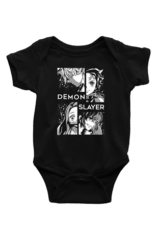Demon Slayer Baskılı Unisex Siyah Bebek Body - Zıbın