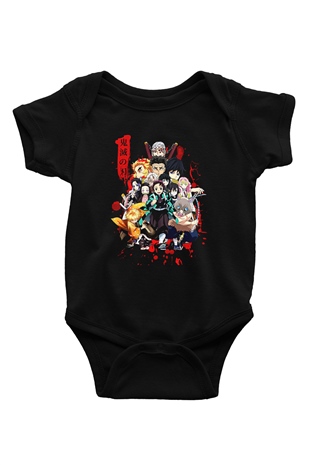 Demon Slayer Baskılı Unisex Siyah Bebek Body - Zıbın