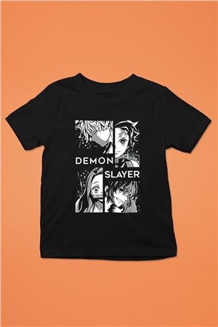Demon Slayer Baskılı Unisex Siyah Çocuk Tişört - Tshirt