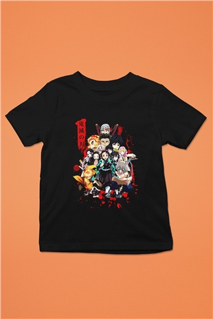Demon Slayer Baskılı Unisex Siyah Çocuk Tişört - Tshirt