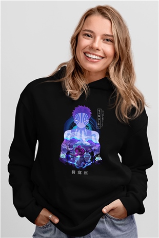 Demon Slayer Baskılı Unisex Siyah Hoodie