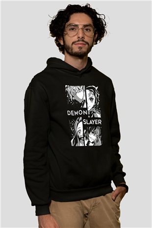 Demon Slayer Baskılı Unisex Siyah Hoodie