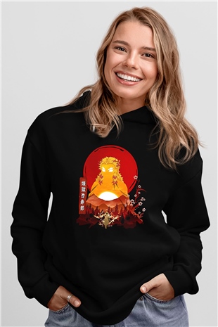 Demon Slayer Baskılı Unisex Siyah Hoodie
