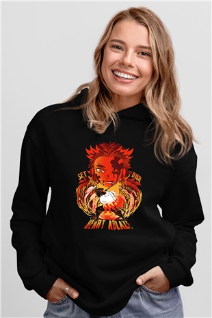 Demon Slayer Baskılı Unisex Siyah Hoodie