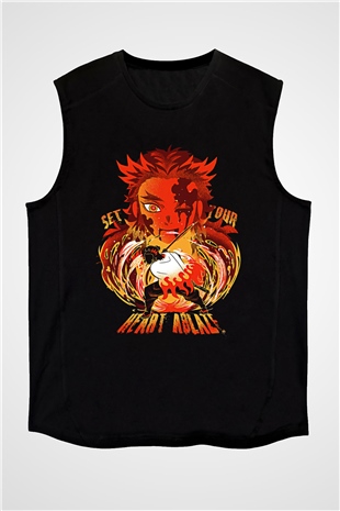 Demon Slayer Baskılı Unisex Siyah Kolsuz Tişört - Tshirt