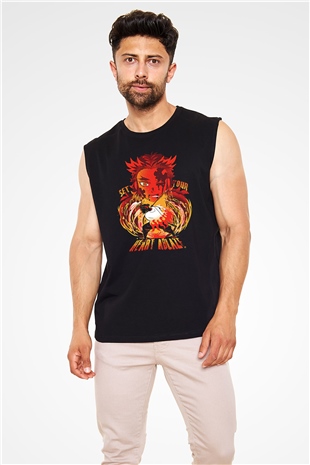 Demon Slayer Baskılı Unisex Siyah Kolsuz Tişört - Tshirt