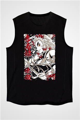 Demon Slayer Baskılı Unisex Siyah Kolsuz Tişört - Tshirt