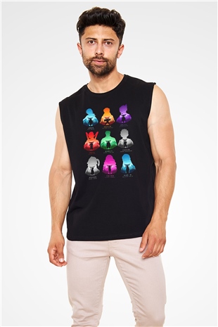 Demon Slayer Baskılı Unisex Siyah Kolsuz Tişört - Tshirt