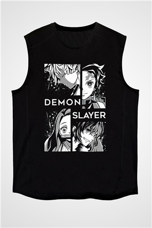 Demon Slayer Baskılı Unisex Siyah Kolsuz Tişört - Tshirt