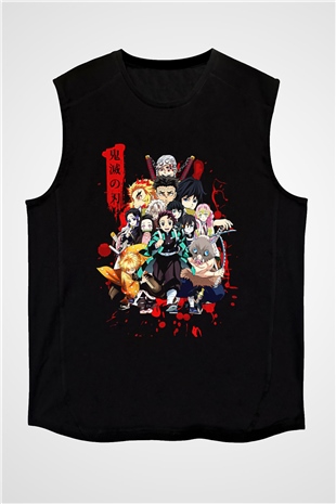 Demon Slayer Baskılı Unisex Siyah Kolsuz Tişört - Tshirt