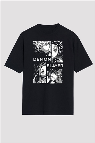 Demon Slayer Baskılı Unisex Siyah Oversize Tişört - Tshirt