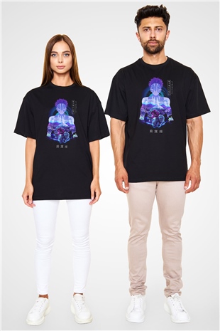 Demon Slayer Baskılı Unisex Siyah Oversize Tişört - Tshirt