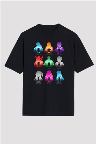 Demon Slayer Baskılı Unisex Siyah Oversize Tişört - Tshirt