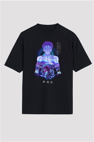 Demon Slayer Baskılı Unisex Siyah Oversize Tişört - Tshirt