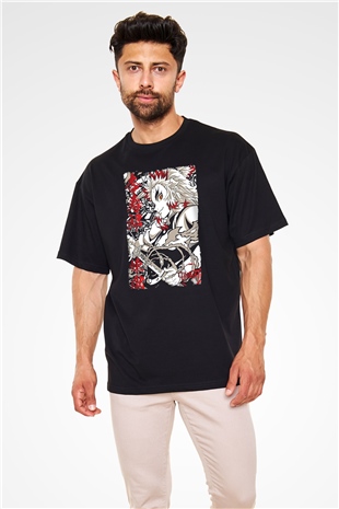 Demon Slayer Baskılı Unisex Siyah Oversize Tişört - Tshirt