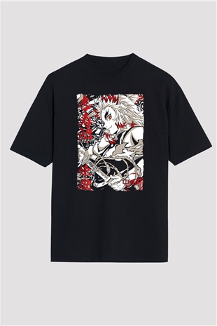 Demon Slayer Baskılı Unisex Siyah Oversize Tişört - Tshirt