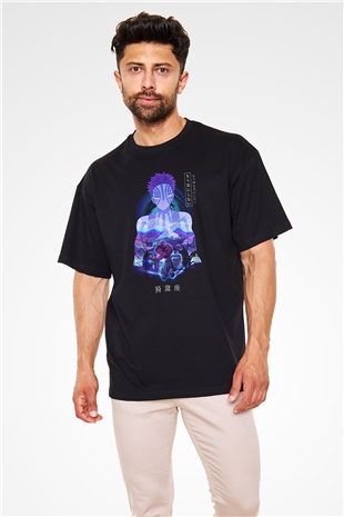 Demon Slayer Baskılı Unisex Siyah Oversize Tişört - Tshirt