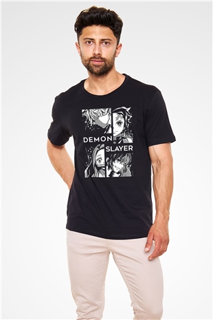 Demon Slayer Baskılı Unisex Siyah Tişört - Tshirt