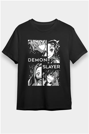 Demon Slayer Baskılı Unisex Siyah Tişört - Tshirt