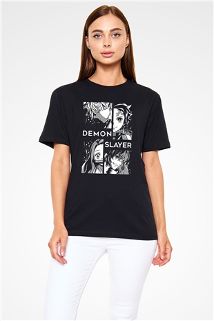 Demon Slayer Baskılı Unisex Siyah Tişört - Tshirt