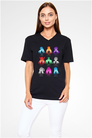 Demon Slayer Baskılı Unisex Siyah V Yaka Tişört - Tshirt