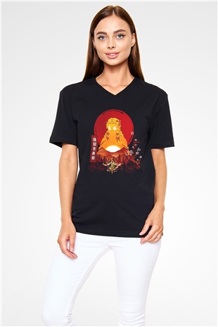Demon Slayer Baskılı Unisex Siyah V Yaka Tişört - Tshirt