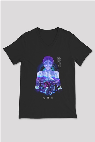 Demon Slayer Baskılı Unisex Siyah V Yaka Tişört - Tshirt