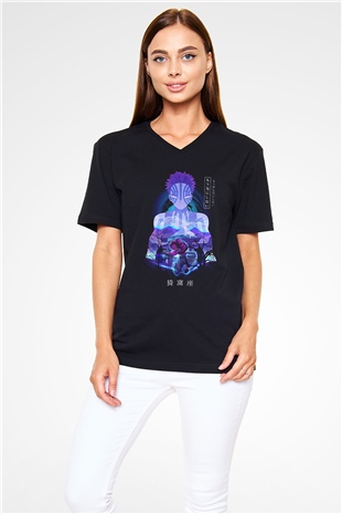 Demon Slayer Baskılı Unisex Siyah V Yaka Tişört - Tshirt