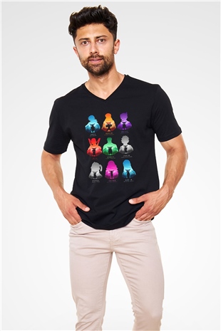 Demon Slayer Baskılı Unisex Siyah V Yaka Tişört - Tshirt
