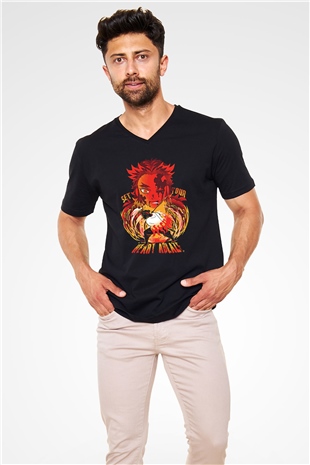 Demon Slayer Baskılı Unisex Siyah V Yaka Tişört - Tshirt