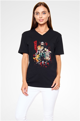 Demon Slayer Baskılı Unisex Siyah V Yaka Tişört - Tshirt