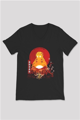 Demon Slayer Baskılı Unisex Siyah V Yaka Tişört - Tshirt