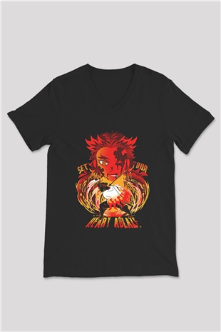Demon Slayer Baskılı Unisex Siyah V Yaka Tişört - Tshirt