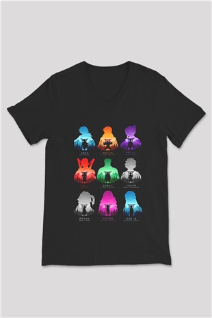 Demon Slayer Baskılı Unisex Siyah V Yaka Tişört - Tshirt