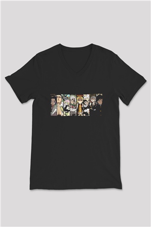Demon Slayer Baskılı Unisex Siyah V Yaka Tişört - Tshirt