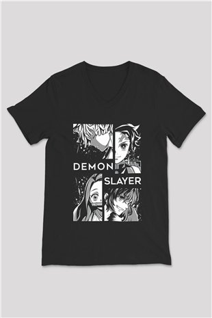 Demon Slayer Baskılı Unisex Siyah V Yaka Tişört - Tshirt