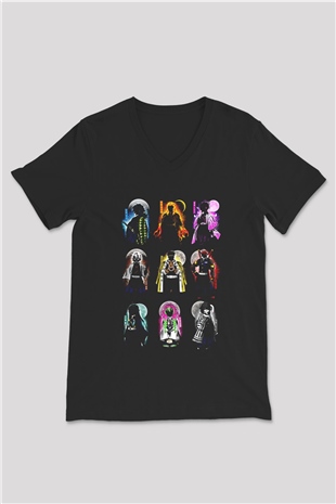 Demon Slayer Baskılı Unisex Siyah V Yaka Tişört - Tshirt