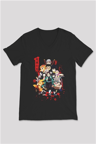 Demon Slayer Baskılı Unisex Siyah V Yaka Tişört - Tshirt